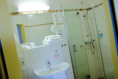 a bathroom with a shower and a sink at Land-gut-Hotel Seeblick in Klietz