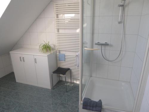 y baño con ducha, taburete y silla. en Schottar FeWo ST 09, en Dornbirn