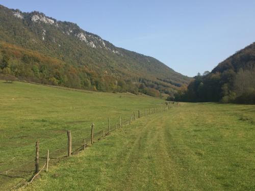 a fence in a field next to a mountain at Apartmány Planina Predná Hora in Predná Hora