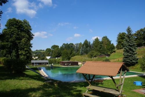 una piscina en medio de un patio en Ferienwohnung am Schloss Lauenstein im Erzgebirge, en Lauenstein