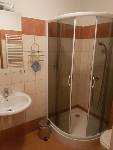 a bathroom with a shower and a sink at Rekreačná chata Luna in Vyšná Boca
