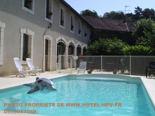 a dolphin in the water in a swimming pool at Logis Hostellerie du Perigord Vert in Brantôme