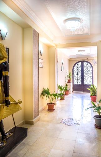 a hallway with potted plants in a building at Pyramids View Inn in Cairo