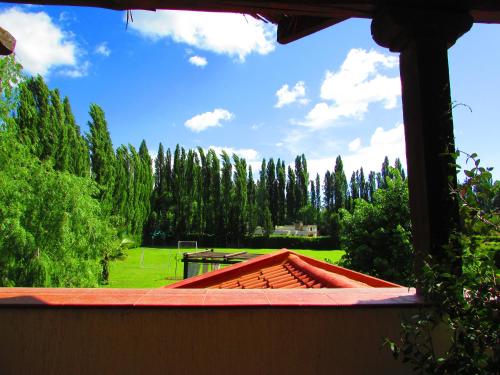 a view of a garden from a window of a house at Pilgrim's Rest - Descanso del Peregrino in Chacras de Coria