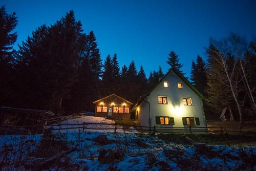 a house with lights on in the snow at night at Guest House Golijski Dar in Dajići
