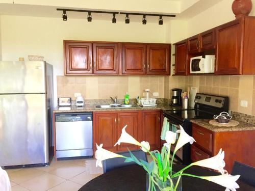 a kitchen with wooden cabinets and a stainless steel refrigerator at Montelaguna Boutique Hotel in Sámara