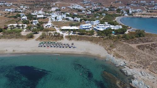 an aerial view of a beach and the ocean at Nostos Beachfront Apartments & Studios in Agios Ioannis Tinos