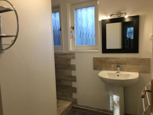 a bathroom with a sink and a mirror at le petit clos in Baugé-en-Anjou