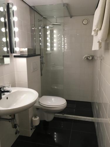 a bathroom with a sink and a toilet and a shower at Chambres D'Hotes Rekko in Maastricht