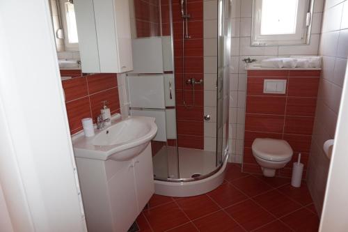 a bathroom with a shower and a sink and a toilet at Tomena apartments in Trogir