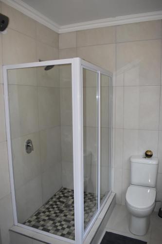 a bathroom with a shower and a toilet at Goedgedacht Guestrooms in Potchefstroom