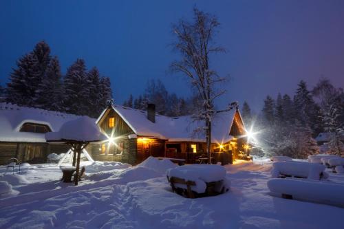 a house covered in snow at night with lights at Viikingite küla in Saula