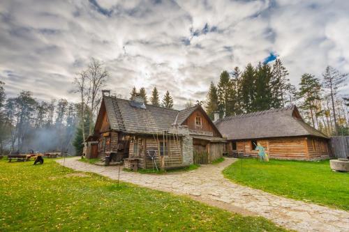 a log cabin in the middle of a field at Viikingite küla in Saula