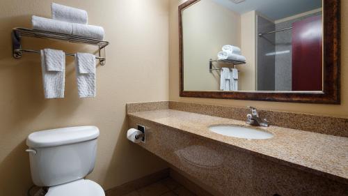 uma casa de banho com um WC e um lavatório com um espelho. em Best Western Plus Katy Inn and Suites em Katy