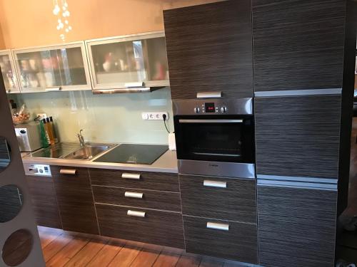 凱斯特海伊的住宿－Kira Apartman，一间带木制橱柜和微波炉的厨房