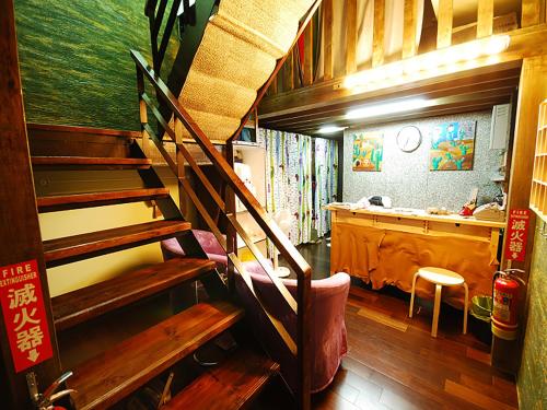 a room with a staircase and a room with a desk at Sha Feng Lu Dian in Magong