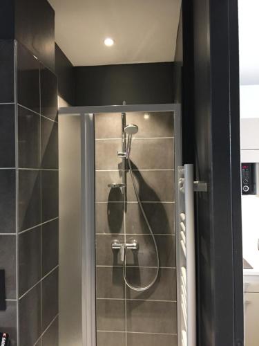 ein Badezimmer mit einer Dusche und einer Person darin in der Unterkunft Celect'in Lyon in Lyon
