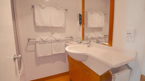 a bathroom with a sink and a mirror and towels at Country Glen Lodge in Christchurch