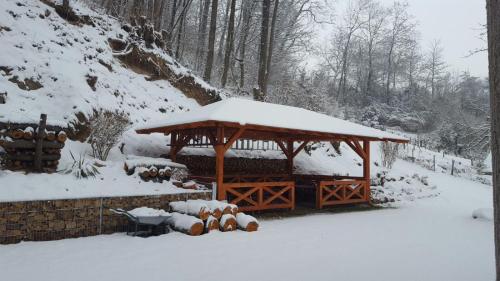 a wooden gazebo with snow on top of it at Gästehaus Gerhardt in Schweigen-Rechtenbach