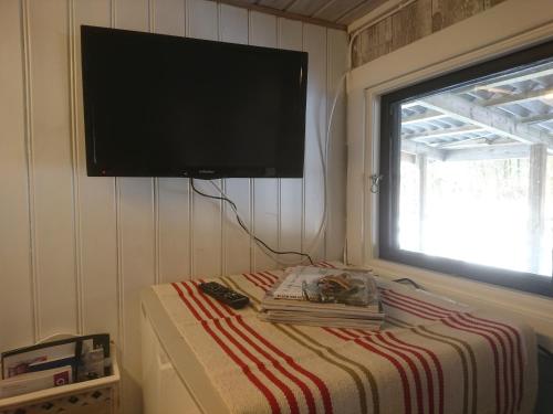 1 dormitorio con TV en la pared y 1 cama con libros en Övraby Stuga, en Gödeby