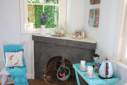 sala de estar con chimenea y silla azul en Hillside Cottage Berrima, en Berrima