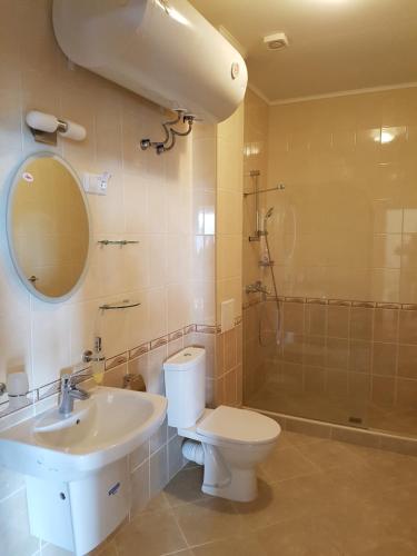a bathroom with a toilet and a sink and a shower at Villa Ketli Apartment in Bliznatsi