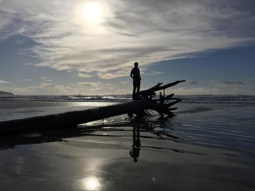a man standing on a log on the beach at The Francis Boutique Inn in Ucluelet