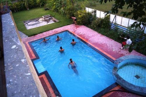 a group of people swimming in a swimming pool at Goflamingo Resort in Silāri