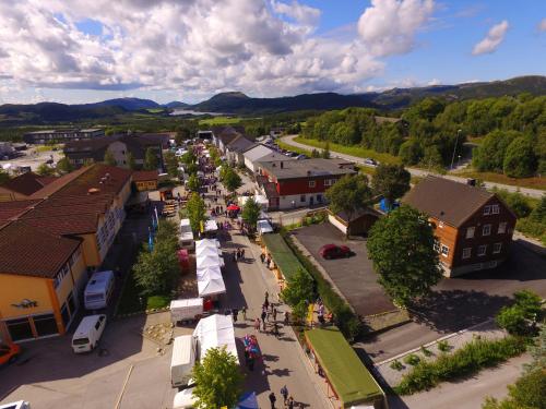 an overhead view of a small town with a street at Bakkalandet Hotel in Kolvereid