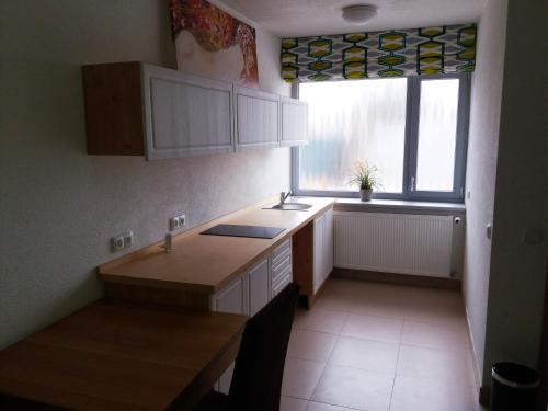 a kitchen with white cabinets and a window and a sink at Hotel Na Šustně in Krupá