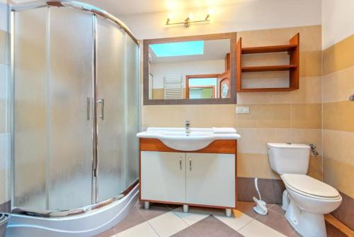 a bathroom with a sink and a shower and a toilet at Apartament Fiszer in Sopot
