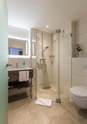 a bathroom with a shower and a toilet and a sink at Hotel Hirsch in Leonberg