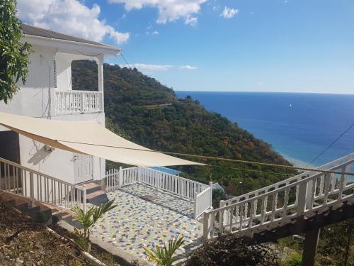 BiocheEvie Cottage的白色的房子,设有海景门廊