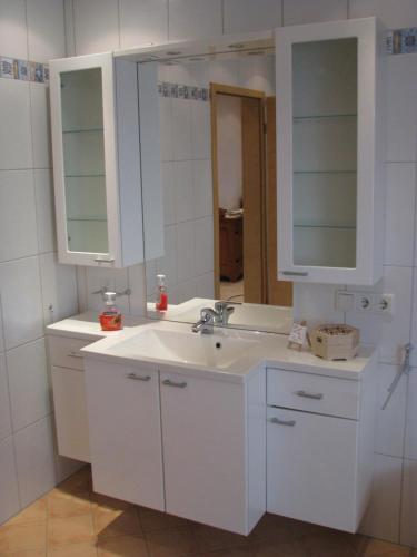 ein Badezimmer mit einem weißen Waschbecken und einem Spiegel in der Unterkunft Ferienwohnung Arnold in Koblenz