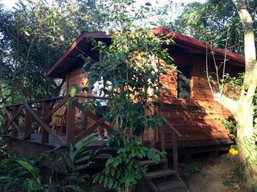 a log cabin in the woods with a porch at Mombacho Lodge in Granada