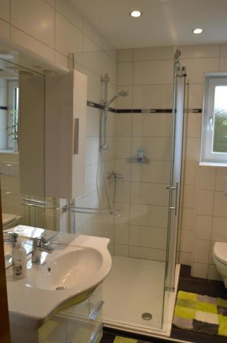 ein Bad mit einem Waschbecken und einer Glasdusche in der Unterkunft Gästehaus Maria in Köflach