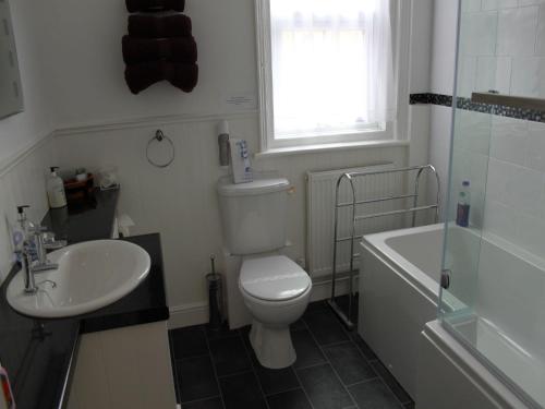 a bathroom with a toilet and a sink and a tub at Sunflower Lodge in Bridlington