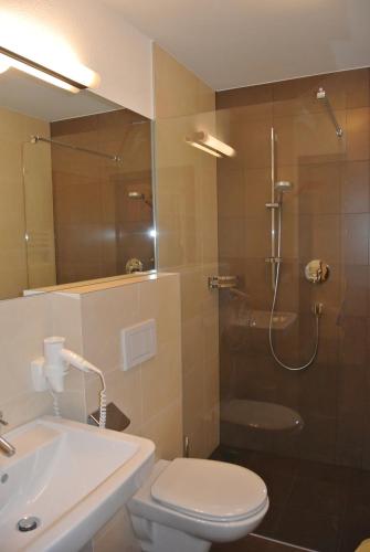 a bathroom with a shower and a toilet and a sink at Apart Sunshine in Ladis