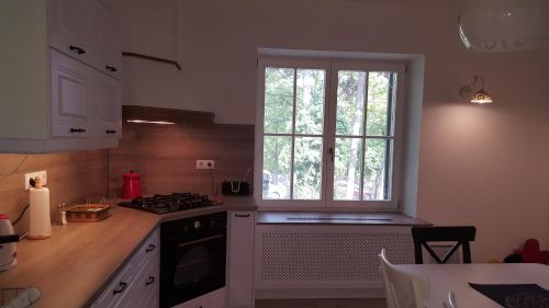 a kitchen with a stove and a window at Edit Villa in Matrafured