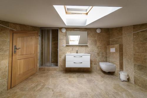 a bathroom with a toilet and a sink and a skylight at Apartments Vacanza in Zadar