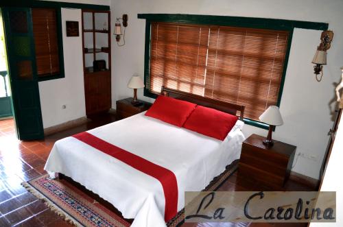 a bedroom with a large bed with red pillows at Casa La Carolina in Villa de Leyva