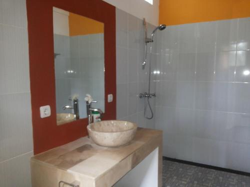 ein Bad mit einem Waschbecken und einer Dusche in der Unterkunft Gede's Homestay in Tejakula