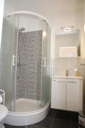 a bathroom with a shower and a toilet and a sink at Apartments Gabrijel in Vodice