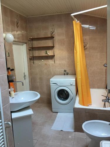 a bathroom with a washing machine and a washer at Apartment Zorec in Maribor