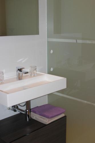 a bathroom with a white sink and a mirror at Het Schalks Genot in Poppel