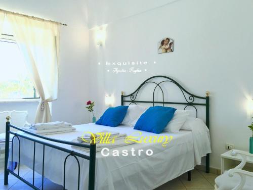 Schlafzimmer mit einem Bett mit blauen und weißen Kissen in der Unterkunft Villa Luxury in Castro di Lecce
