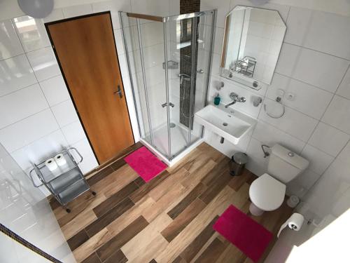 a bathroom with a shower and a toilet and a sink at Hotel ROSE Břeclav in Břeclav