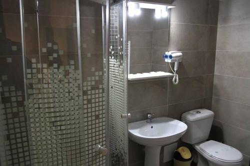 a bathroom with a shower and a toilet and a sink at Pensiunea Argesu ** in Sinaia