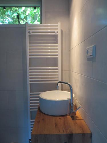 a bathroom with a sink on a wooden table at Casa Koudekerke in Koudekerke