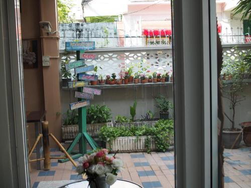 バンコクにあるSriyanar Placeの鉢植えの植物が並ぶ温室の窓からの眺め